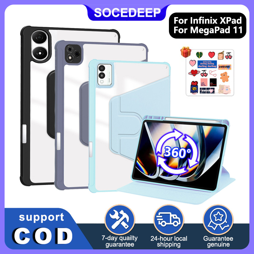 SOCEDEEP สําหรับ Tecno MegaPad 11 นิ้ว 2025 Infinix XPad 20 2025 Infinix XPAD 11 นิ้ว 2024 ปลอก 360° ขาตั้งหมุนได้ เคสฝาปิดแท็บเล็ตอัจฉริยะอะคริลิคพรีเมี่ยมพร้อมที่ใส่ดินสอ