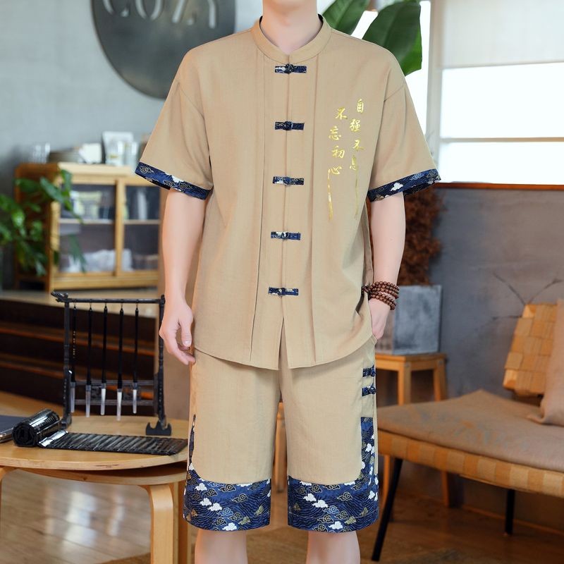 เสื้อลินินแขนสั้นผู้ชาย คอปกตั้ง แห้งไว สไตล์ย้อนยุค ชุดกางเกงขาสั้น 817XTZ1