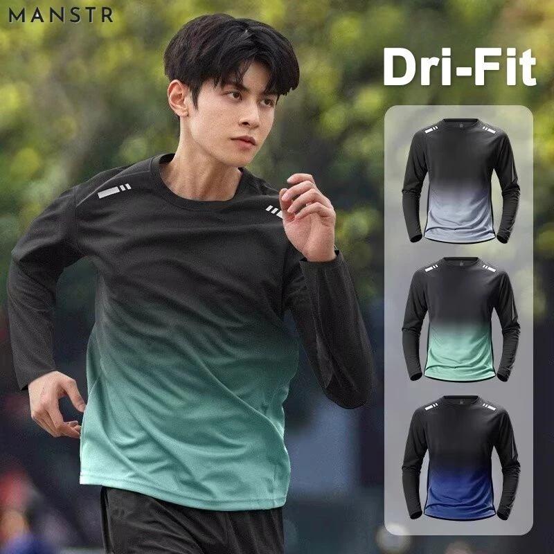 MANSTR ฤดูร้อนผู้ชายกีฬาแขนยาวเสื้อยืด Quick-dry Breathable Gym เสื้อยืดและกางเกงขาสั้นวิ่งออกกําลังกายการฝึกอบรมวิ่งเสื้อสีเขียว\ สีเทาอ่อน\ สีฟ้า\ แดง