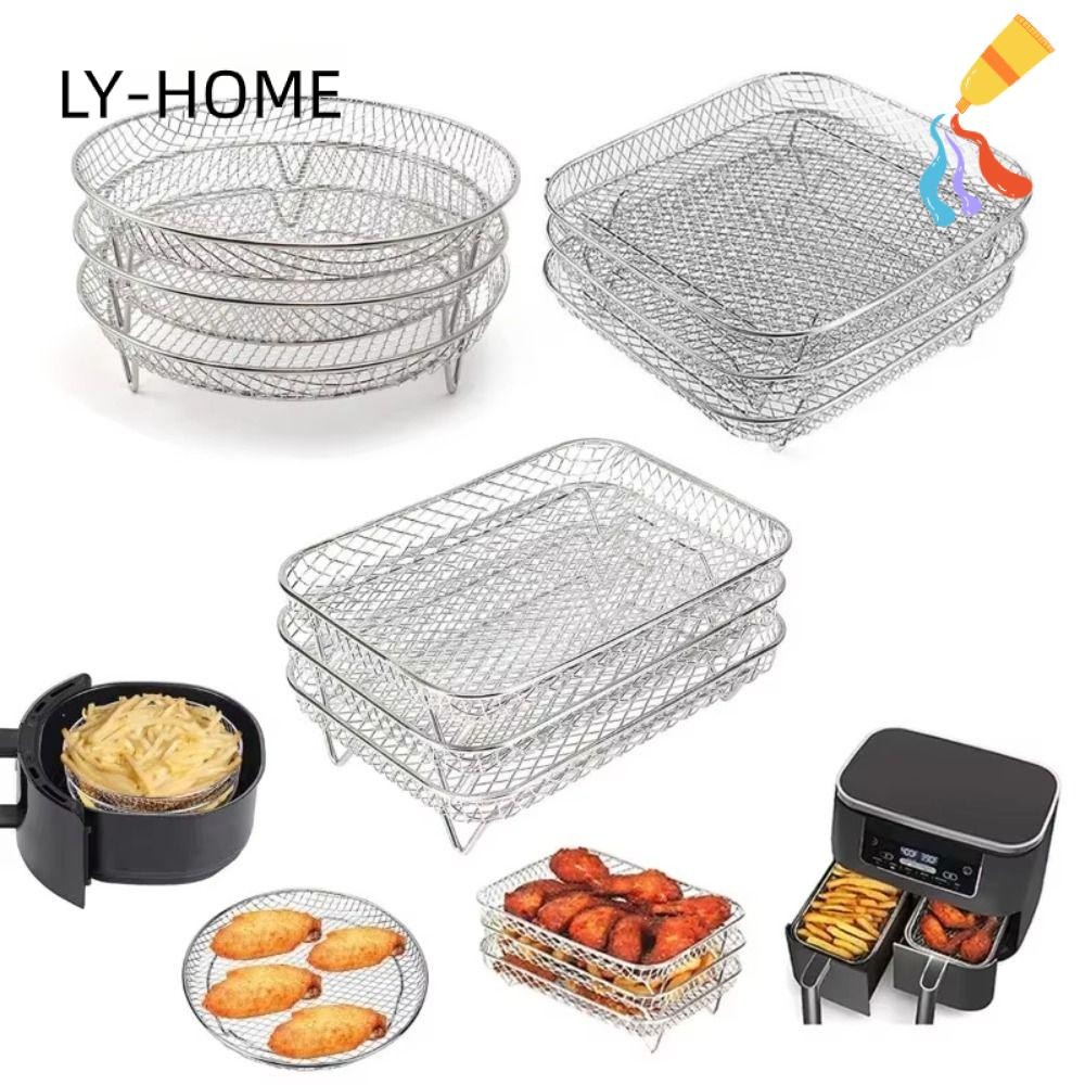 LIAOYING ชั้นวางย่าง, ชั้นวางทอดอากาศสแตนเลสวางซ้อนกันได้, ถาด Airfryer แบบไม่ติด อุปกรณ์ครัว
