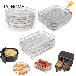 LIAOYING ชั้นวางย่าง, ชั้นวางทอดอากาศสแตนเลสวางซ้อนกันได้, ถาด Airfryer แบบไม่ติด อุปกรณ์ครัว