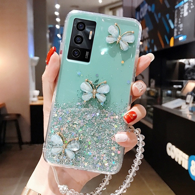 3D ผีเสื้อ Bling Glitter Lanyard เคสโทรศัพท์ซิลิโคนสําหรับ VIVO V29E V27E V23 V23E V25 V25E V21E V20 V27 V29 V30 V40 Pro