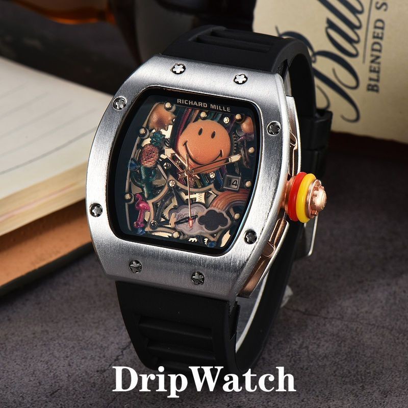 Fff นําเข้าจากต่างประเทศ Richard Smiley Face RM88 นาฬิกากลับโปร่งใส Hollow อัตโนมัตินาฬิกาผู้ชาย Dis