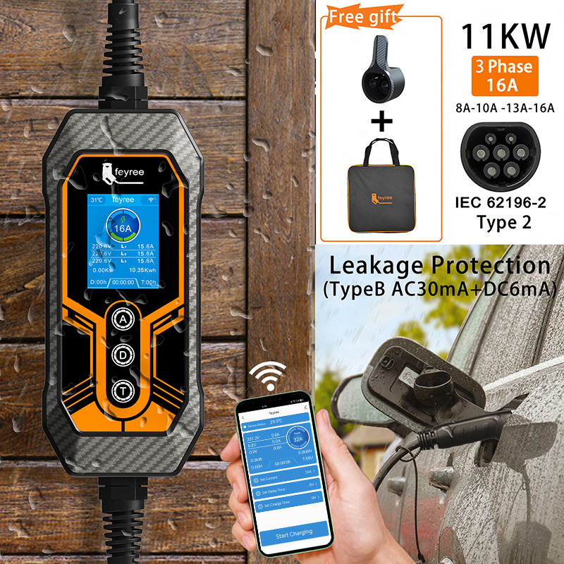 Feyree ประเภท 2 แบบพกพา EV Charger 11KW 16A 3 เฟส Wi-Fi APP บลูทูธรุ่น EVSE สายชาร์จ 5 M CEE ปลั๊กสํ