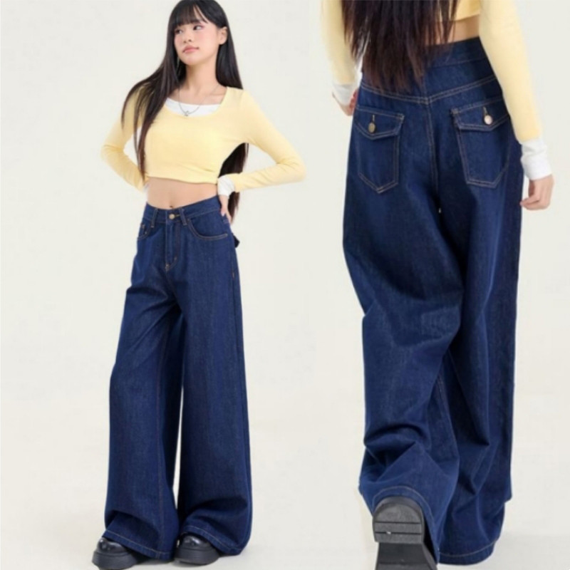 Bived S-7XL กางเกงยีนส์ผู้หญิง สีน้ำเงินเข้ม กางเกงยีนส์ขายาว เอวสูง ทรงตรง ทรงหลวม ขากว้าง กางเกง