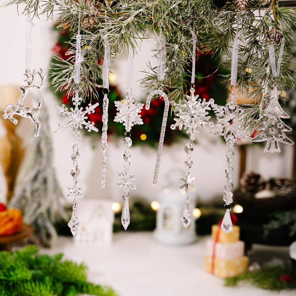 อะคริลิคน้ําแข็งติดจี้ต้นคริสต์มาส Icicle Snowflake จี้โปร่งใส Reindeer จี้ 8 ชิ้น Icicle จี้