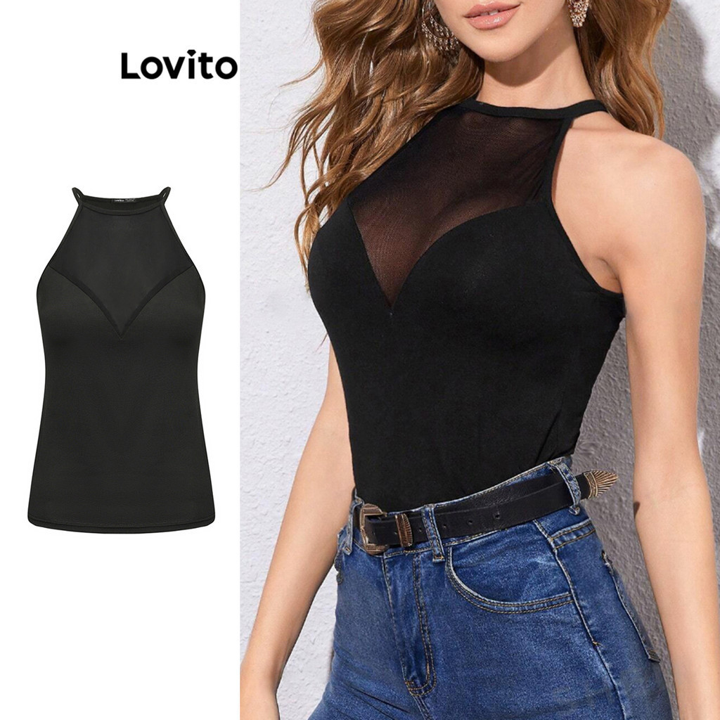 Lovito เสื้อแขนกุดผู้หญิง ผ้าตาข่าย สีพื้น สไตล์เซ็กซี่ L91AD074