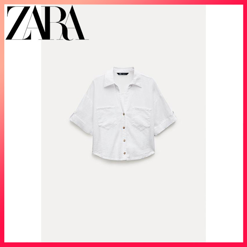 ZARA ซาร่า 24 ฤดูร้อนใหม่เสื้อเชิ้ตแขนสั้นผ้าลินินผสมผู้หญิง