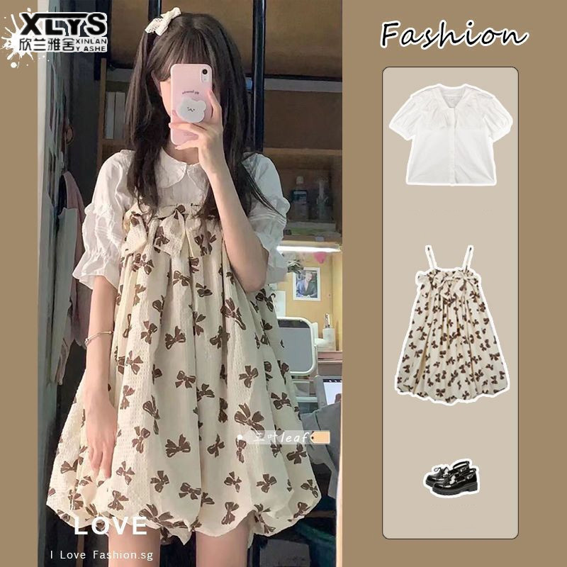 Dfd Xin LAN YA SHE เสื้อคอปกตุ๊กตาผู้หญิงใหม่โบว์แขวนชุดเดรสพัฟลายดอกไม้