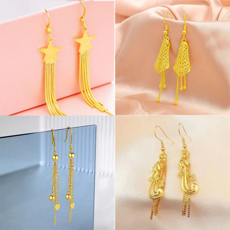 ต่างหูห้อยพู่เกาหลีอินเทรนด์ Gold Plated Star Phoenix ต่างหูผู้หญิง Gold Jewellery ต่างหูทอง