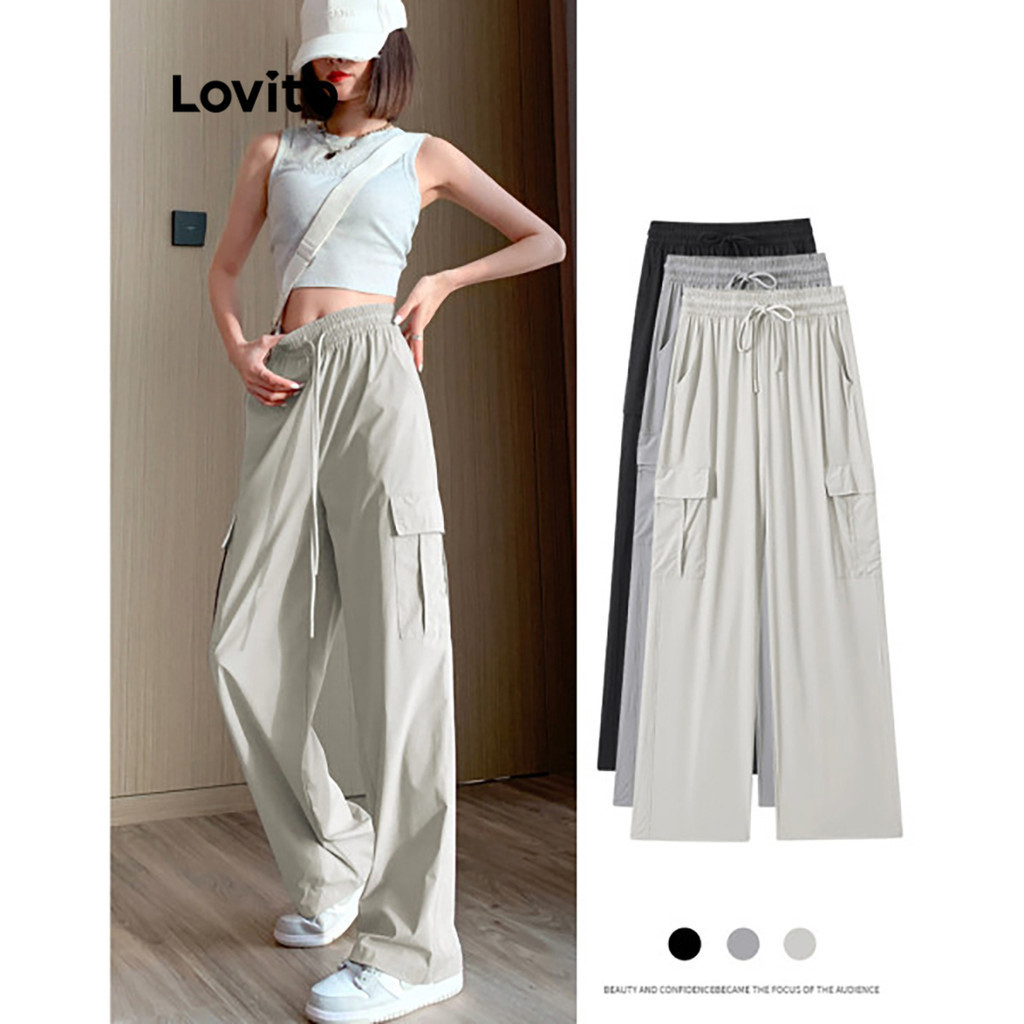 Lovito กางเกงขายาวผู้หญิง จับจีบ สีพื้น สไตล์ลำลอง LNM66110