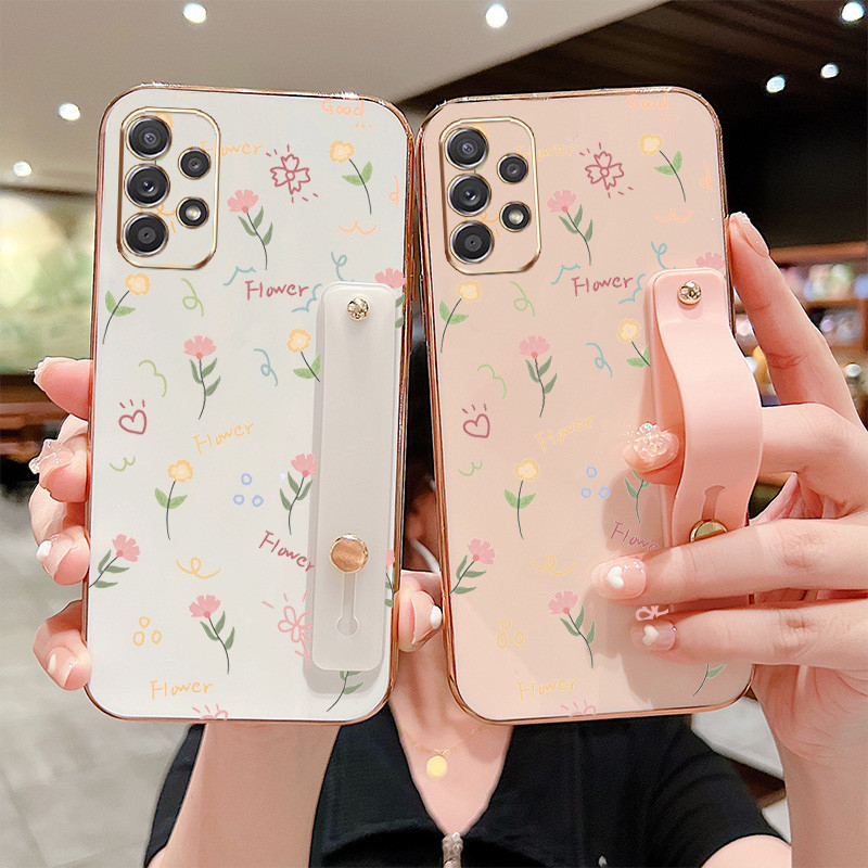 SAMSUNG ปลอกสําหรับsamsung Galaxy A23 A32 A52 A72 4G 5G A33 A53 A73 M32 A52S 5Gเต็มหน้าจอดอกไม้สายรัดข้อมือวงเล็บAnti Dropเคสโทรศัพท์