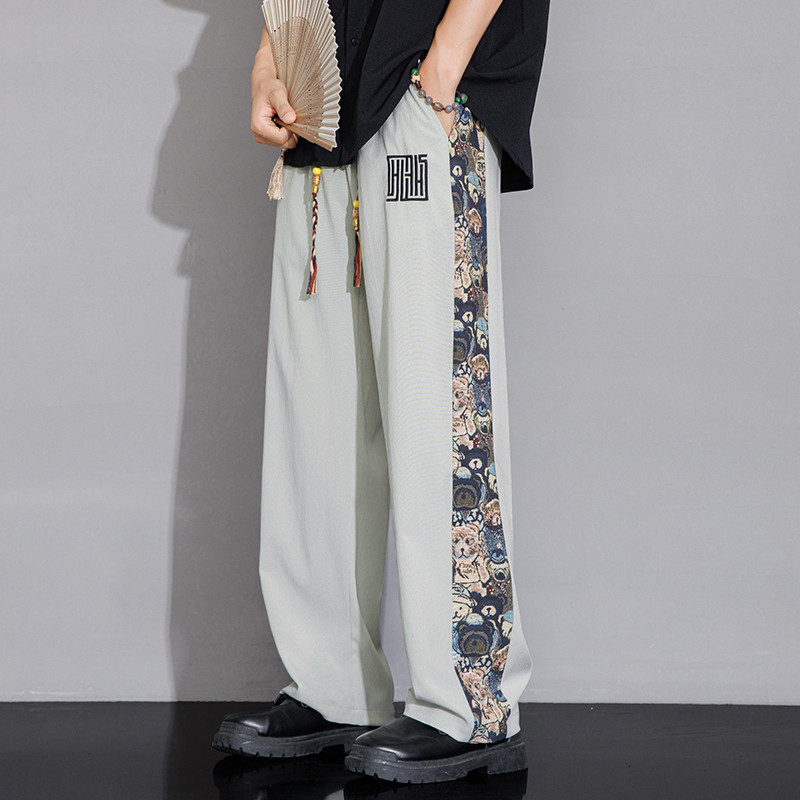 กางเกงประกบปักลายหมีหลวมตรงฤดูร้อนของผู้ชาย