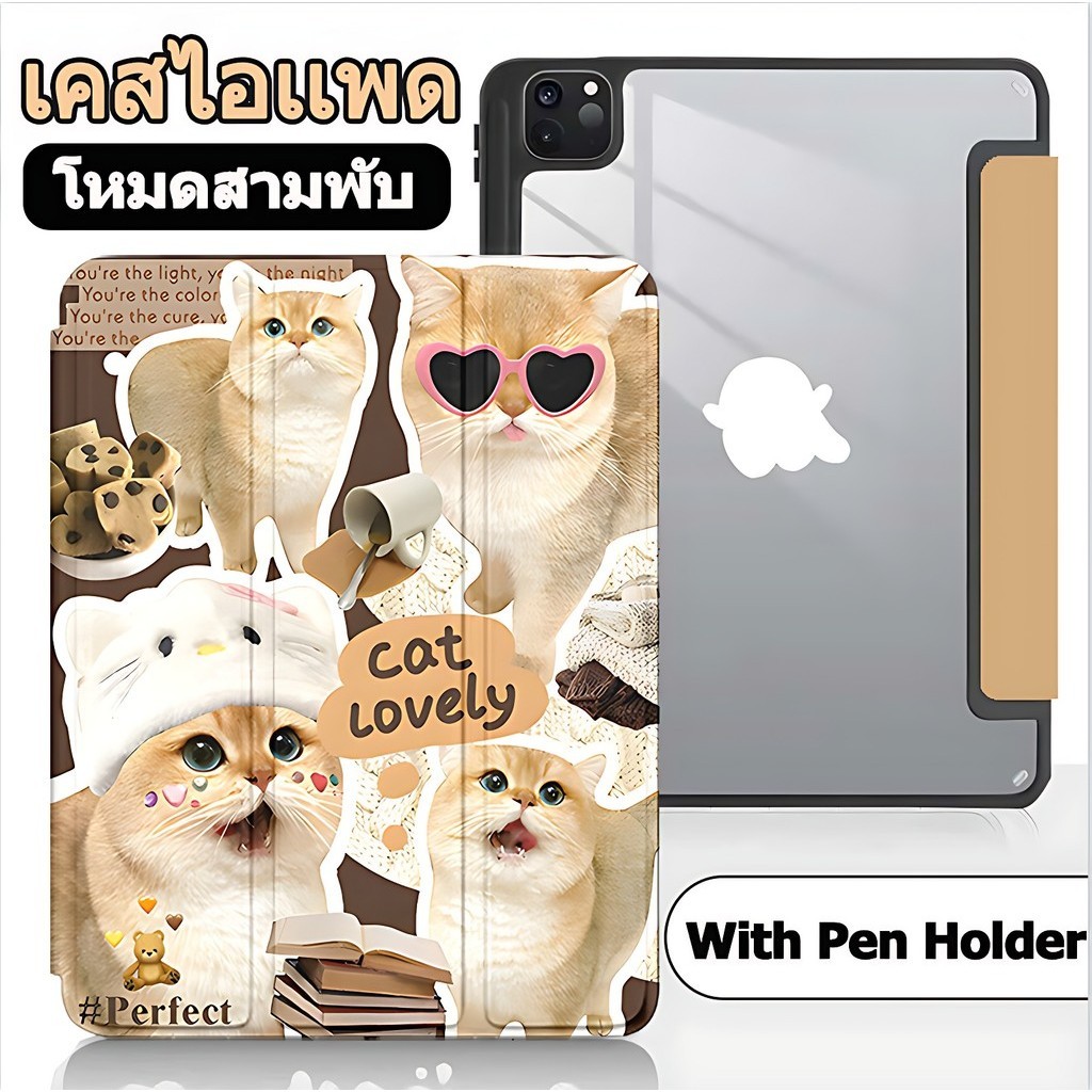 วัสดุอะคริลิค เคสไอเเพด พร้อมช่องเสียบปากกา For gen10 Air6 gen9 gen8 gen7 Air4 Air5 gen5/gen6 Pro 11 air1/2 mini4 mini5 mini6 Cute Cat เคสสำหรับไอแพด