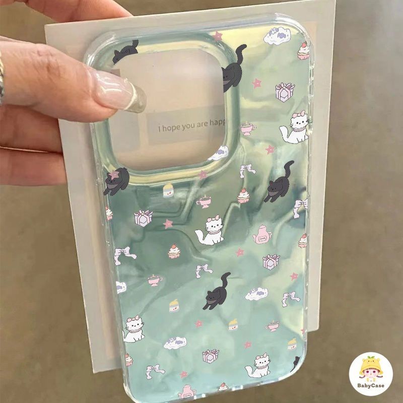 การ์ตูนลูกแมวสีขาวดาวเค้กระลอกคลื่นแวววาว เคส IPhone 16 XR 13 11 15 12 14 Pro Max 7Plus 7 15 8 14 6 6S Plus X XS Max