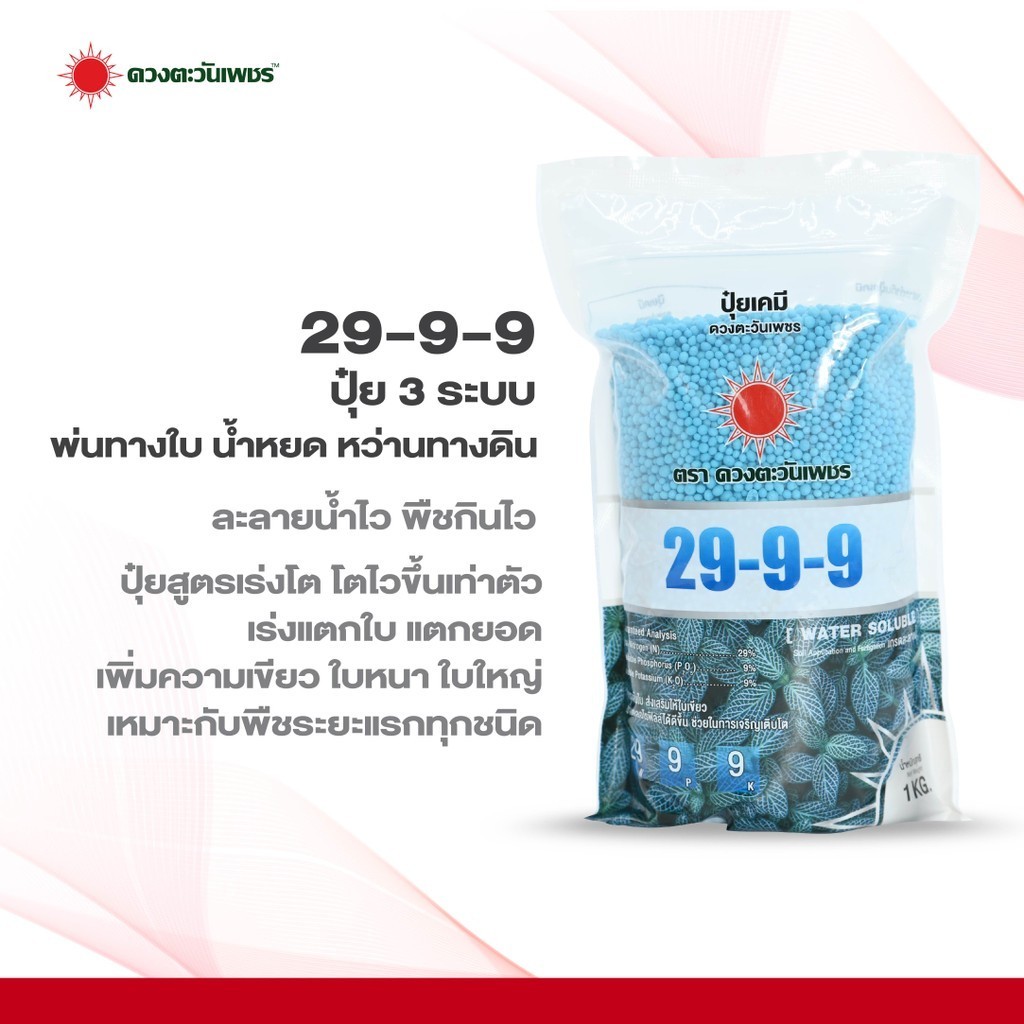 ปุ๋ย 29-9-9 (แบรนด์) ขนาด 1 กิโลกรัม บำรุงต้นใบ ใบเขียวทนเขียวนาน ใบใหญ่ใช้ได้ทุกพืช ดวงตะวันเพชร