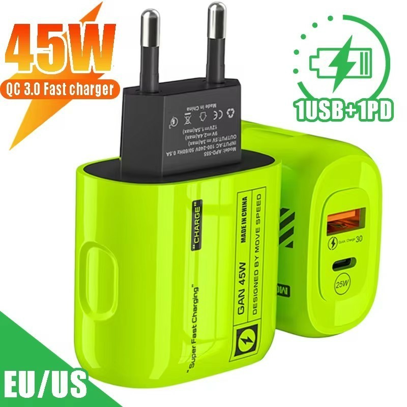 45w GAN USB C 2Ports Charger - อะแดปเตอร์ติดผนังชาร์จเร็ว - EU/US Plug Travel Charger Adapter - เครื่องชาร์จ USB สีเขียว - QC 3.0 Fast Charger