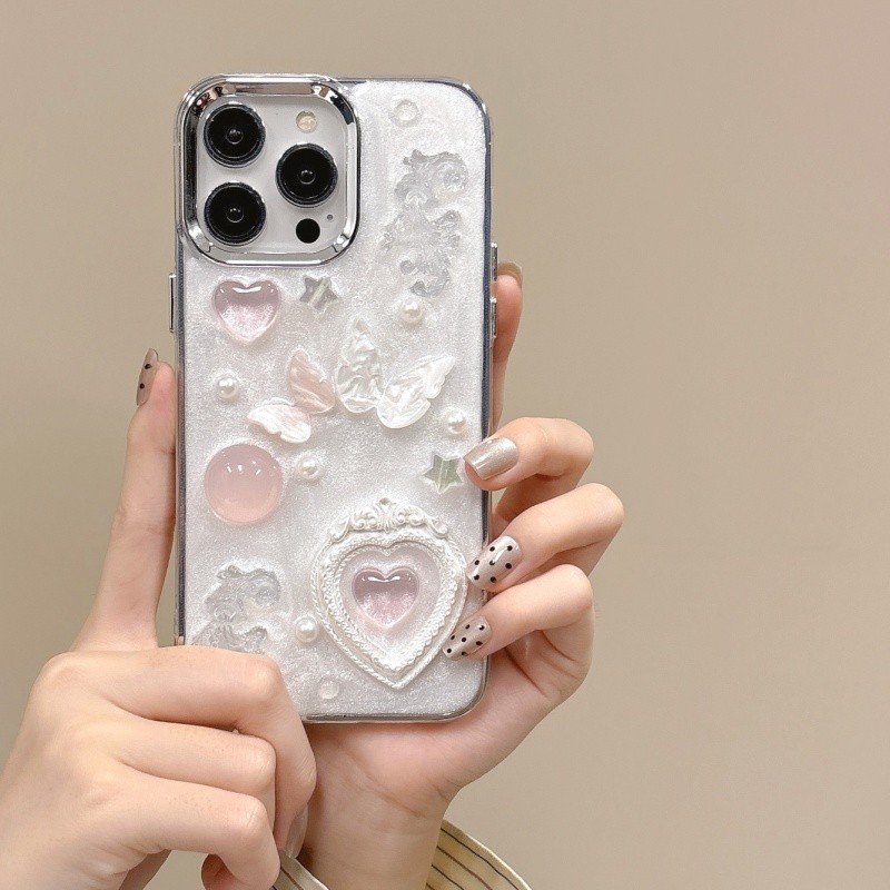 3d สีชมพู Love กรอบรูป Dropping กาว Hard Case สําหรับ iPhone 11 12 13 14 15 Pro Max สีขาว anti fall ฝาครอบปลอก