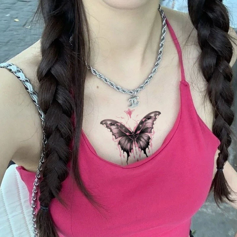 รอยสักลายผีเสื้อคริสตัลสีดําสาวน่ารักกระดูกไหปลาร้าสติกเกอร์รอยสักกันน้ํายาวนาน 7 วัน รอยสักวันหยุดชั่วคราว - รูปที่ 4