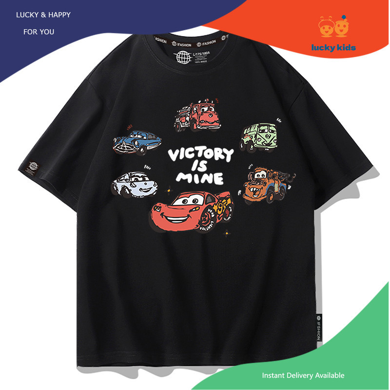 เสื้อยืดเด็กผ้าฝ้าย 100% แฟลช McQueen อะนิเมะแขนสั้นรถแข่งสตอรี่ สะดวกสบายและระบายอากาศได้โดยไม่เสียรูปไม่จางหาย