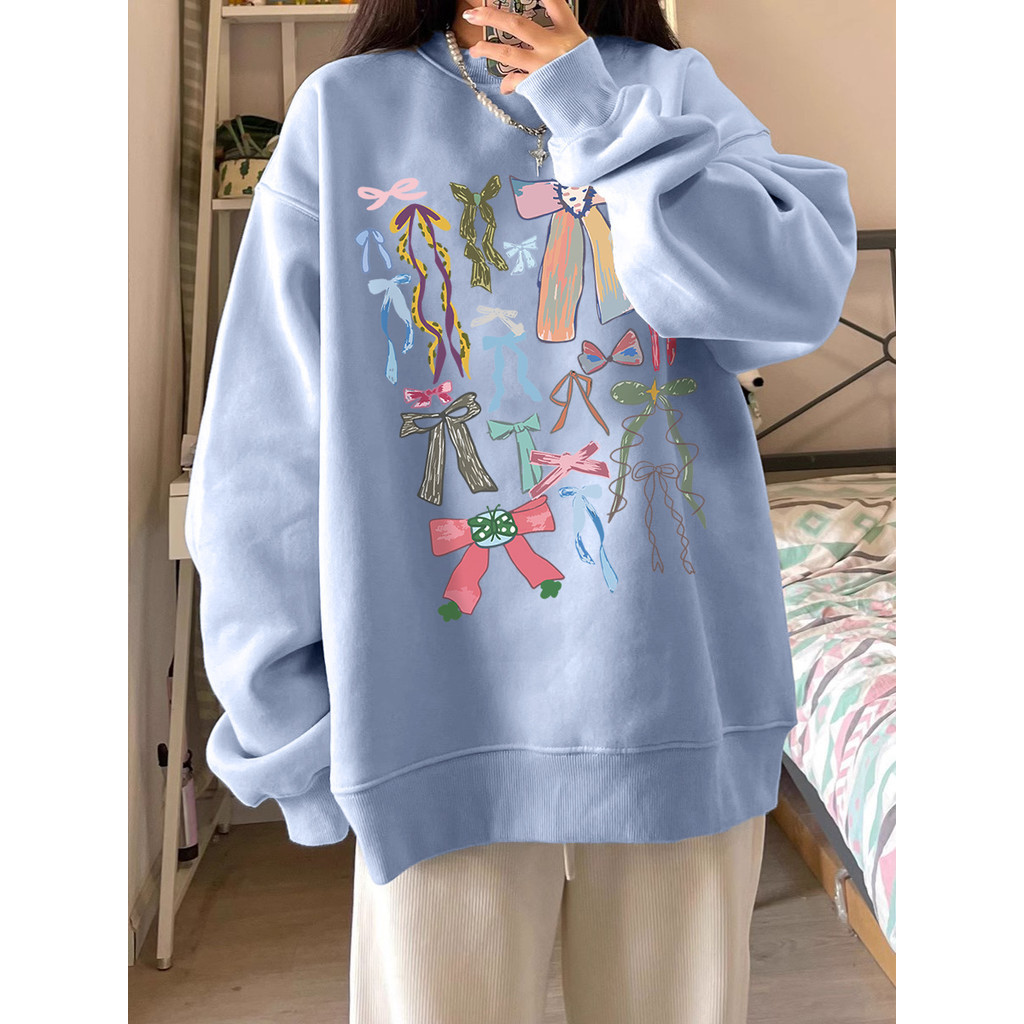 เสื้อสเวตเตอร์คอกลมผู้หญิงฤดูใบไม้ร่วง/ฤดูหนาวใหม่สไตล์หวานเกาหลี อิน พิมพ์เสื้อสเวตเตอร์สวมหัวหลวม