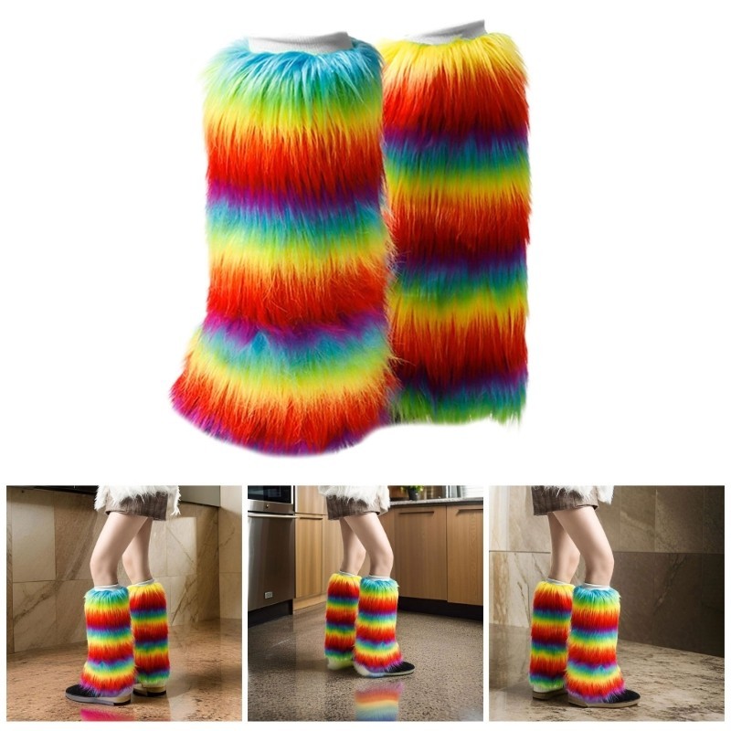 Lily ผู้หญิงสายรุ้งที่มีสีสัน Furry ขาอุ่น Punk Harajuku ฤดูหนาว Warm Plush Leggings Boot Cover Hara