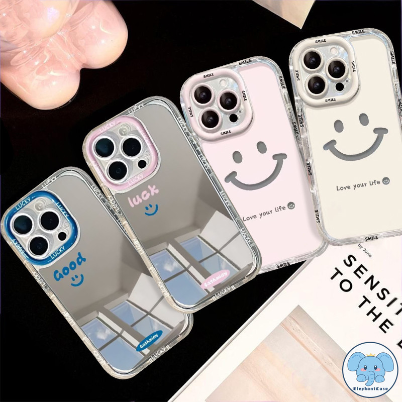 หน้ายิ้มสีขาว แต่งหน้ากระจกเข้ากันได้กับสีฟ้า IPhone 11 7Plus XR 13 15 14 12 Pro Max 15 8 14Plus X XS Max