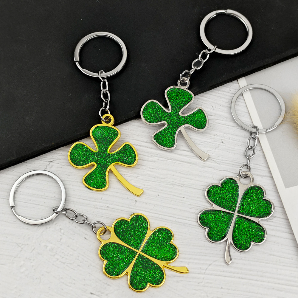 ประณีตglitterสีเขียวfour-leaf Cloverแหวนประกายใบรูปร่างKey Chainกระเป๋าถือเครื่องประดับKey Holderอุปกรณ์เสริม