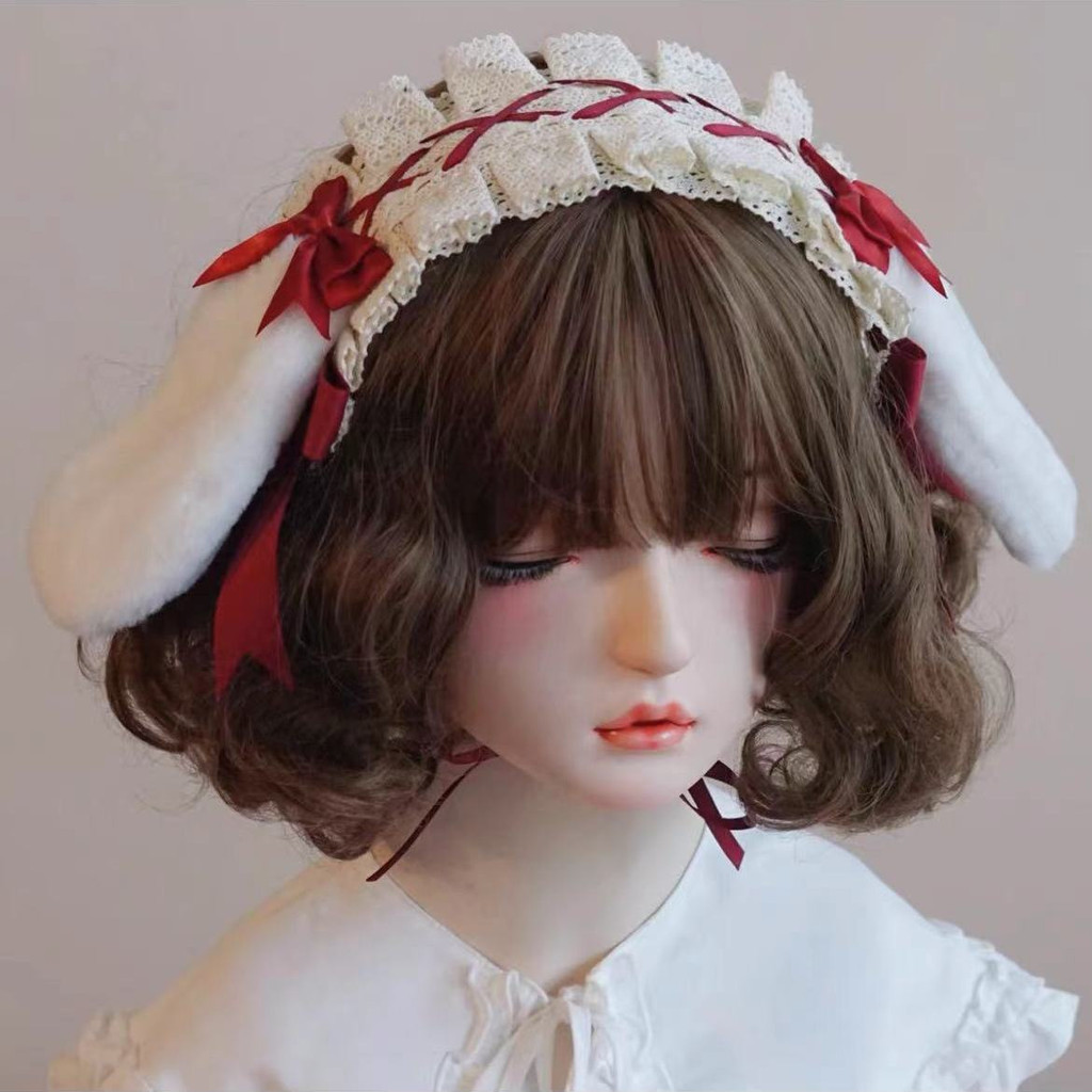 โลลิต้าผ้าโพกศีรษะโลลิต้า KC สีชมพูหูโบว์ผมวงลูกไม้คาดศีรษะ
