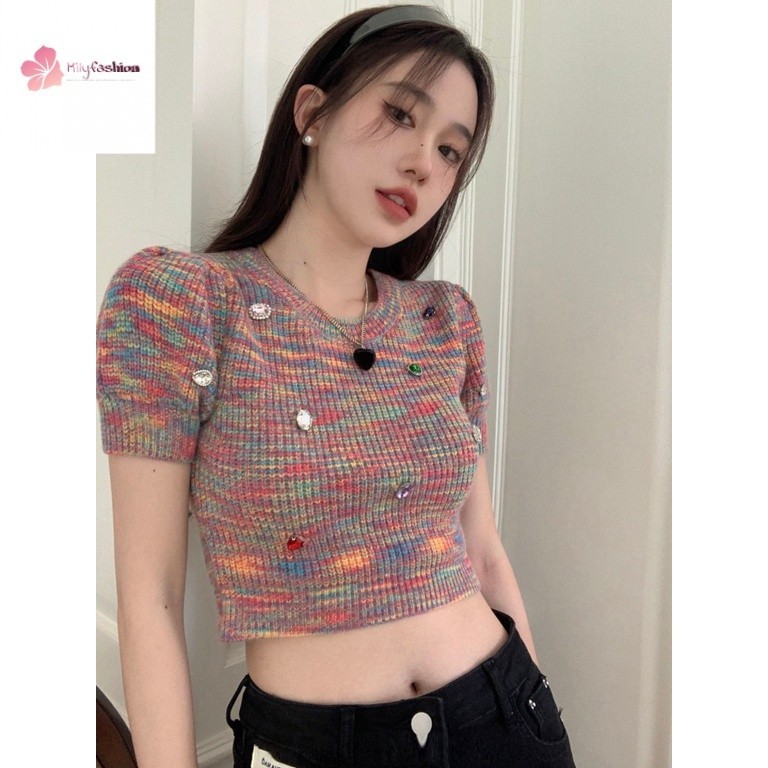 เสื้อแขนสั้น ผ้าถัก แบบเข้ารูป หรูหรา สีรุ้ง แฟชั่นฤดูใบไม้ผลิ