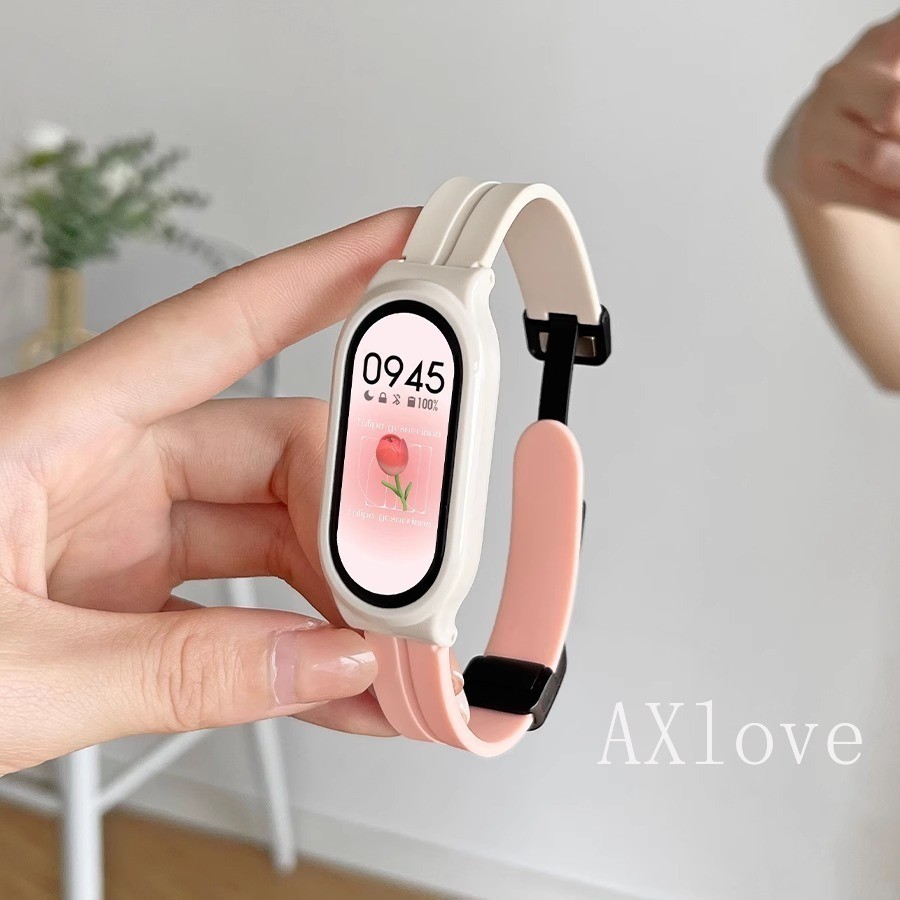 เคสสีขาว + หัวเข็มขัดแม่เหล็กสําหรับ Xiaomi Mi Band 9 8 7 6 5 4 3 สร้อยข้อมือสําหรับ Xiaomi Mi Band 8 NFC กีฬาสายรัดข้อมืออุปกรณ์เสริม