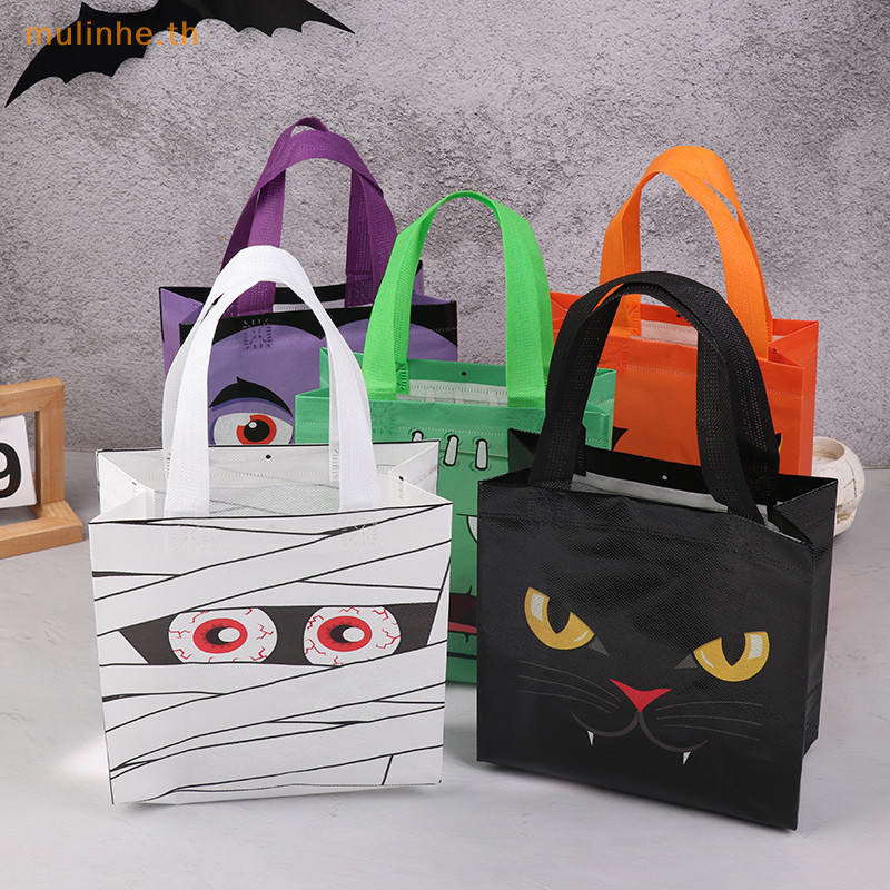 Mulinhe ฮาโลวีนผ้าไม่ทอรักษากระเป๋าฟักทอง Ghost Bat Mummy Monster Cat รูปแบบ Totes กระเป๋า Halloween Party Favors TH