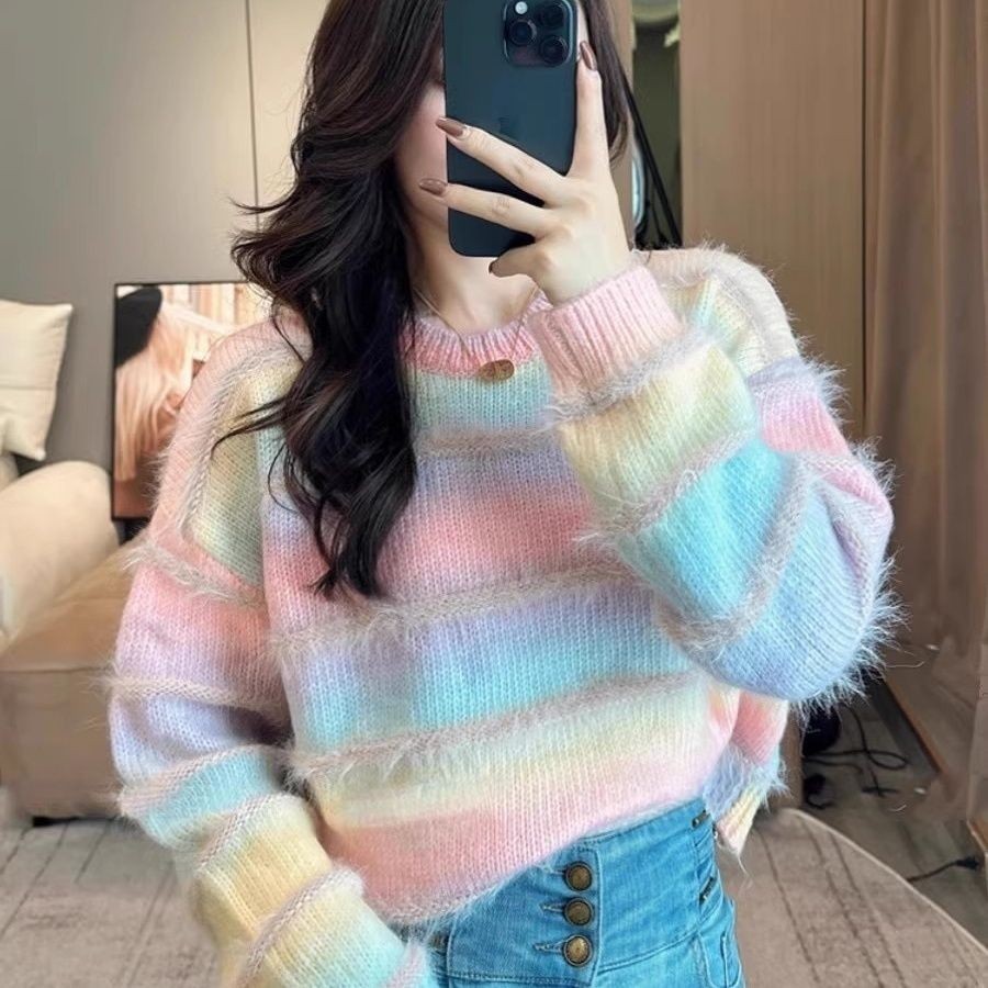 ใหม่มิงค์ไล่โทนสีเสื้อกันหนาวลายฤดูใบไม้ร่วงฤดูหนาวหลวมถักสายรุ้งเสื้อกันหนาว