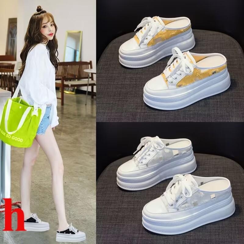 Influencer Baotou รองเท้าผ้าใบผู้หญิง 2024 รองเท้าแตะสไตล์ใหม่ Hollow Half-Support รองเท้าเดี่ยว 8 ซม.หนา Soled ด้านในเพิ่มความสูง H