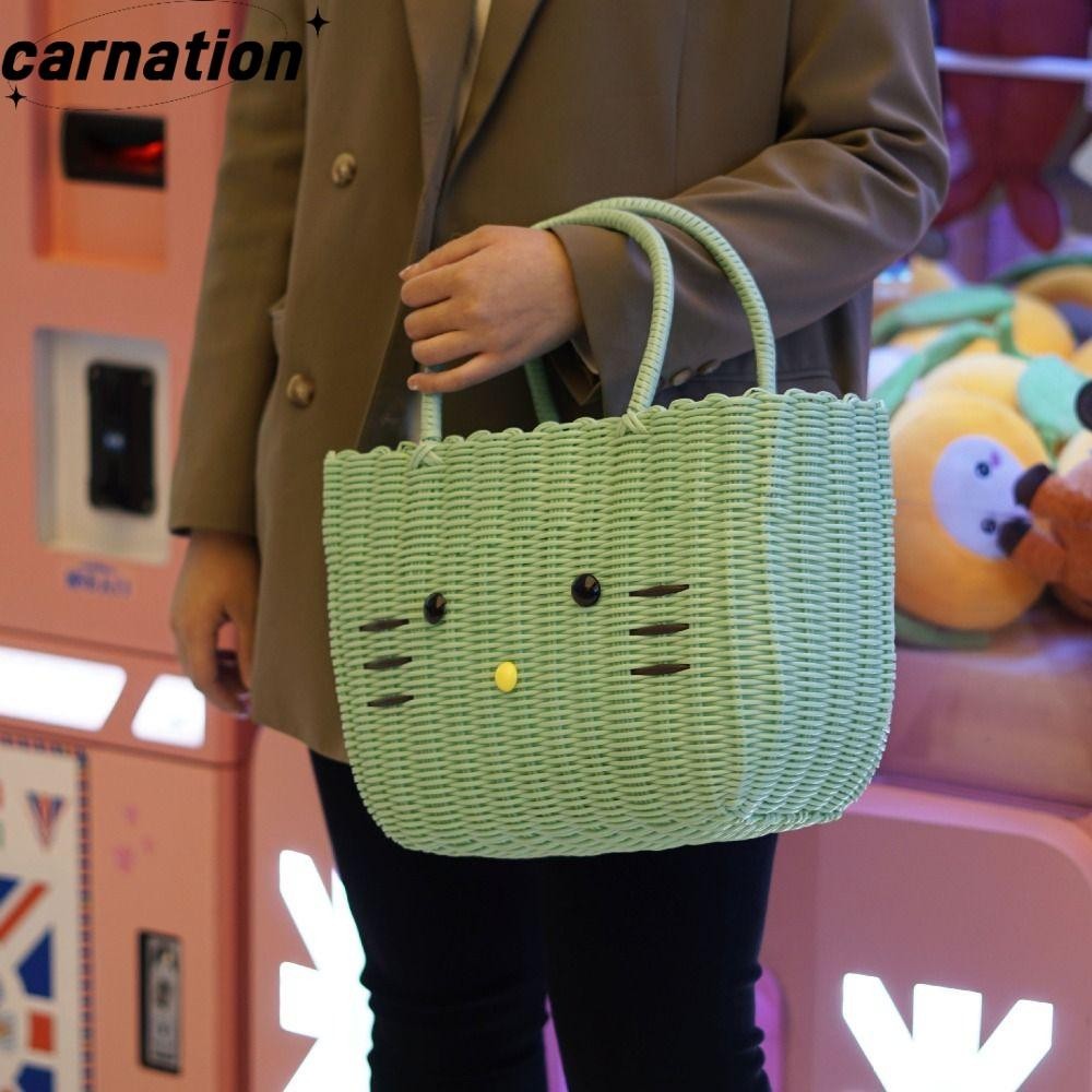 Carnation กระเป๋าสาน,ตะกร้าเก็บพลาสติกความจุขนาดใหญ่ลายการ์ตูน,กระเป๋าหิ้ว Hello Kitty น่ารักผู้หญิง