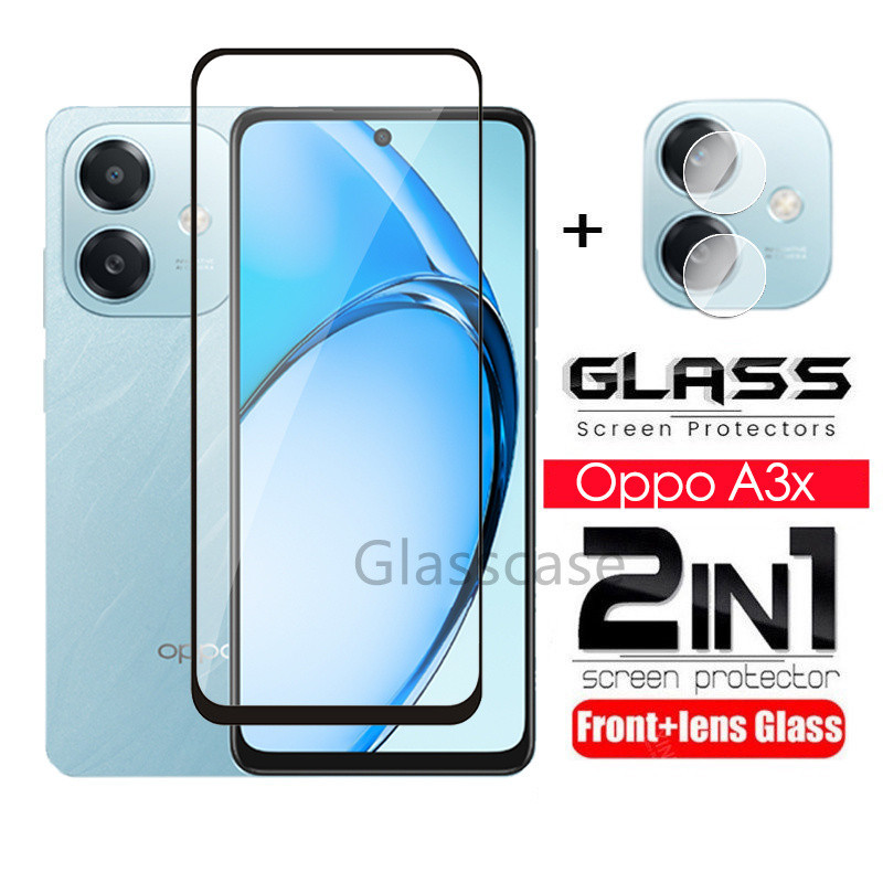 2 in 1 ป้องกันหน้าจอกระจกนิรภัยฟิล์มสําหรับOppo A3 A5 x pro A3x A3pro A5i A5ipro A5x A5pro OppoA3x OppoA3proคลุมทั้งหมดฟิล์มด้านหน้าป้องกันหน้าจอกระจกกลับเลนส์กล้อง