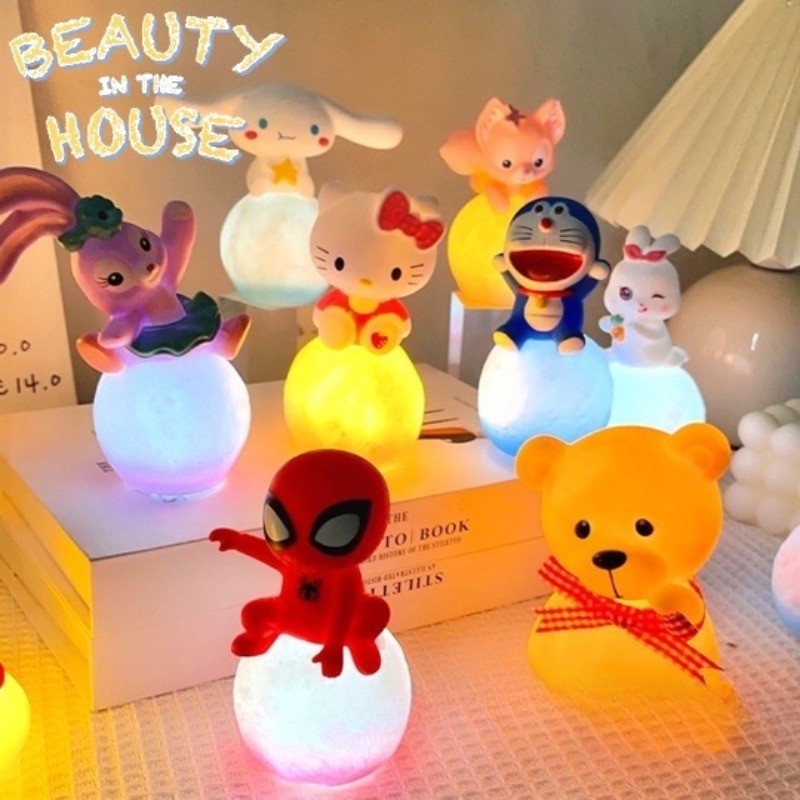 Kawaii 3D Moon Night Light Cinnamoroll ข้าวสีดํา Melody ตัวอักษรการ์ตูน LED Light ตกแต่งห้องนอนน่ารัก