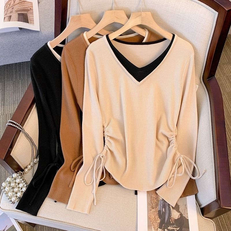 Tops Oversize(40-150kg) เสื้อยืดสองชิ้นปลอมขนาดบวกแขนยาว Drawstring Basic T เสื้อ