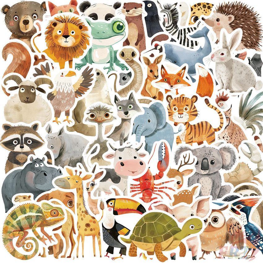 ❉ Funny Hand-Painted Animal Series 01 Kids Reward Stickers ❉ 50Pcs/Set Fashion DIY Waterproof Decals