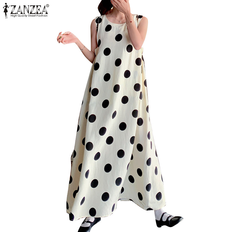 ZANZEA ใส่ ซานเซีย ผู้หญิงเกาหลีลําลองลูกเรือคอแขนกุดจุดหลวมชุดยาวเต็ม