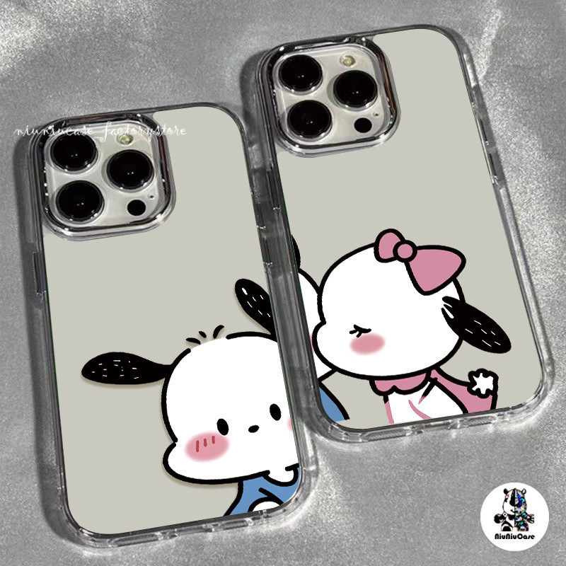 For iPhone 11 13 12 14 15 Pro Max X XS 7 Plus เคส รูปแบบการ์ตูนคู่รัก TPUรูปแบบโปร่งใส ซิลิโคนนุ่มกันกระแทก กรอบรูปโลหะ