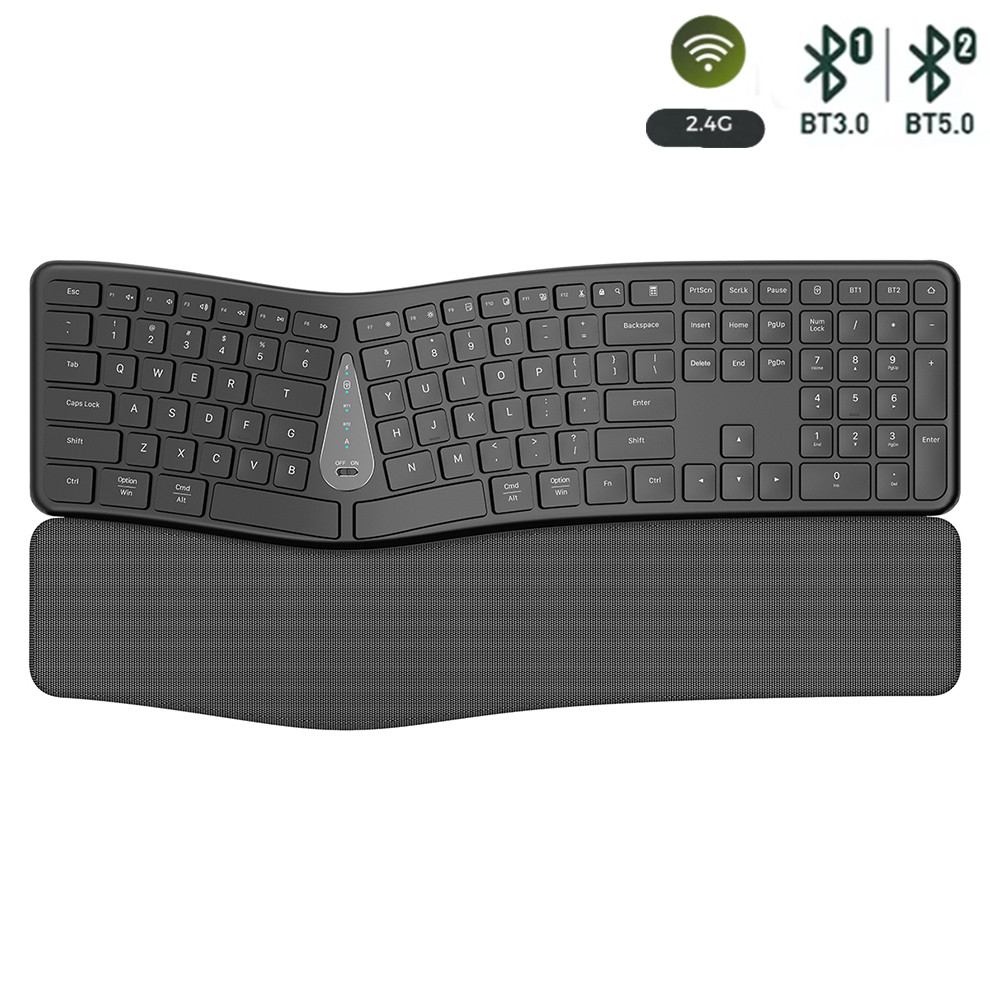 คีย์บอร์ดไร้สาย Ergonomic Split 2.4G NaturalTyping คีย์บอร์ดบลูทูธแบบชาร์จไฟได้หลายอุปกรณ์พร้อมที่วางฝ่ามือ 