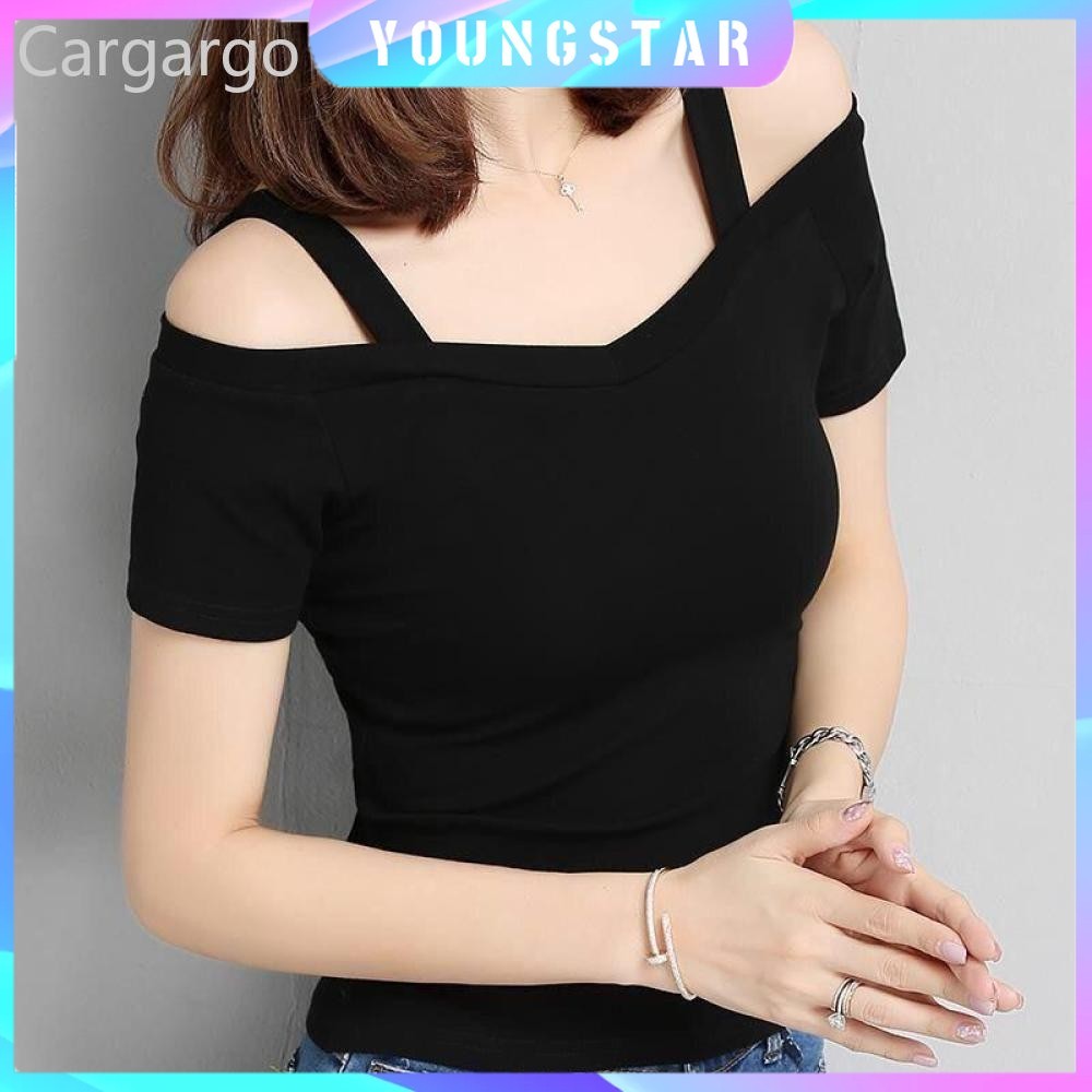 Fyg Korean Edition Black L Off สายคล้องไหล่แขนสั้นเสื้อยืดหญิงคอปิดไหล่แฟชั่น