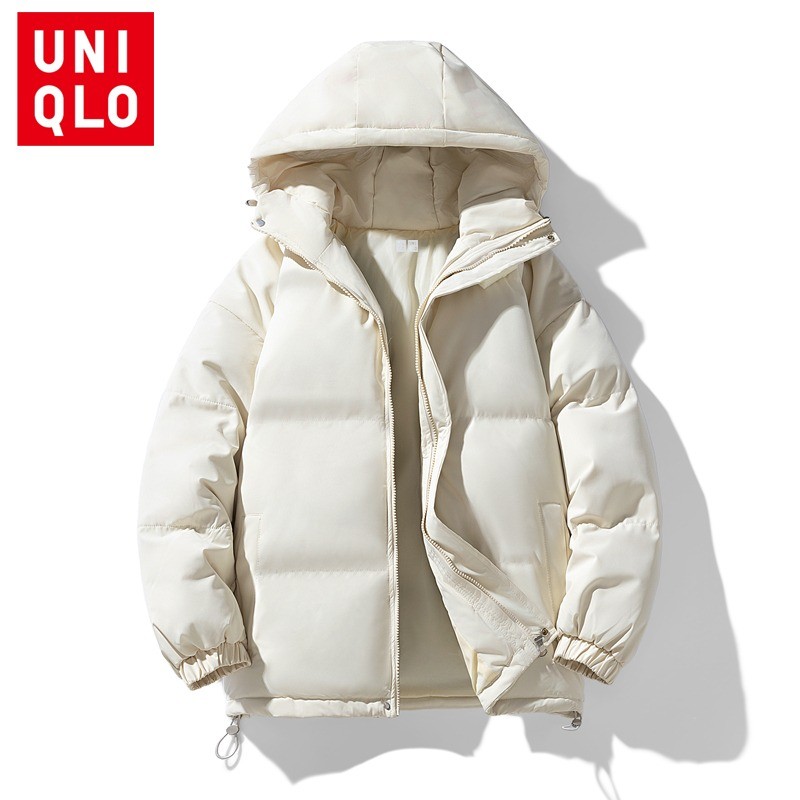 Uniqlo เสื้อแจ็คเก็ตปักเป้ามีฮู้ดอเนกประสงค์เสื้อแจ็คเก็ตผู้ชายแฟชั่นแบรนด์เสื้อแจ็คเก็ตสกีกันลมแบบหนา