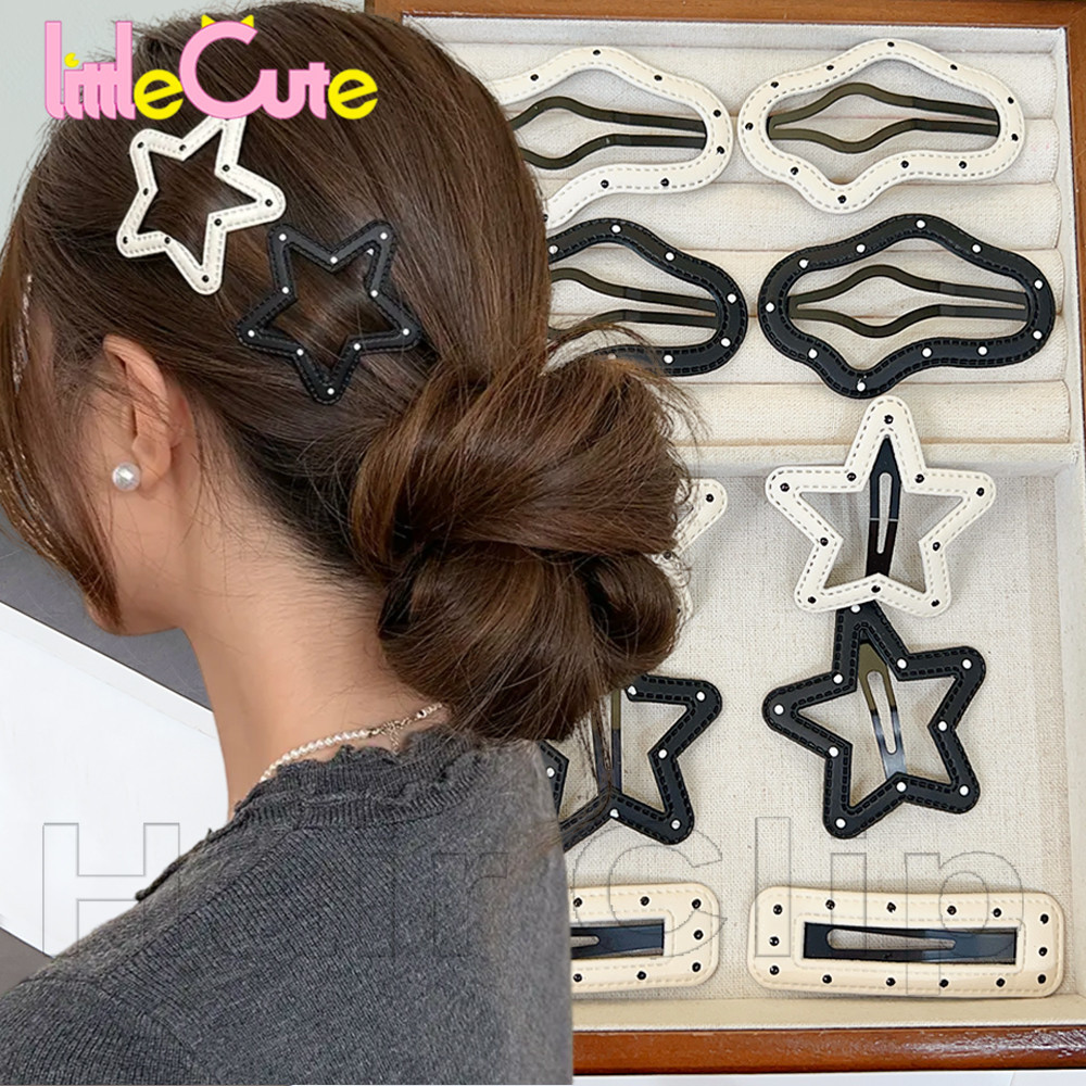 2 ชิ้น Star Polka Dot BB คลิป - เครื่องประดับผม - Y2K, สไตล์ Ins เกาหลี - Pentagram Cloud Shaped Hairpins - Side Bangs กิ๊บติดผมหัก - หนัง PU, สีดําสีขาว