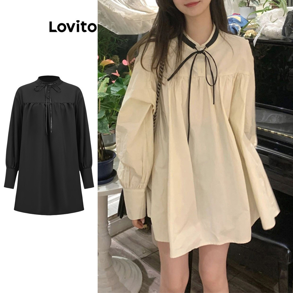 Lovito ชุดเดรส เชือกผูก สีพื้น สไตล์น่ารัก สำหรับผู้หญิง LNE21165 (หลากสี)