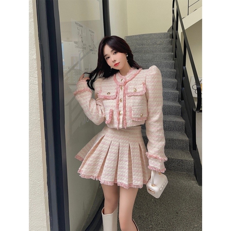 Slimming Coat Chanel's Style Skirt Tweed Puff Sleeve Western Style Suit2024Pleated Women's New Spring, Autumn and Winter