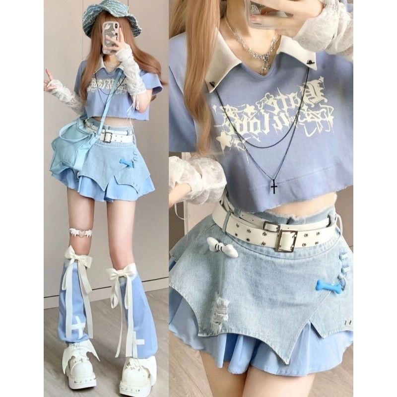 Denim Leg Warmer Collar Stitching Wear Sweet+POLOThree-Piece Suit Bowknot Short Dress Top Dopamine High Waist Hot Girl+