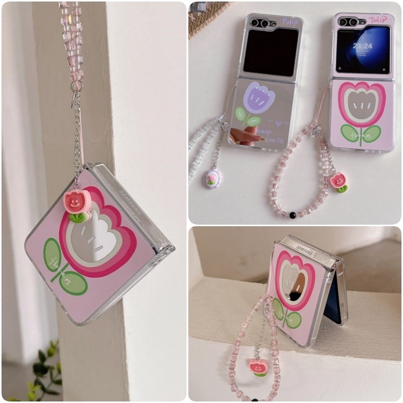 SAMSUNG แฟชั่นดอกไม้รูปแบบกระจกเคสโทรศัพท์samsung Galaxy Z Flip 6 Z Flip 5 Z Flip 4 Z Flip 3 ปลอกสร้อยข้อมือสายรัดข้อมือกันกระแทกฮาร์ดพีซีปกหลัง