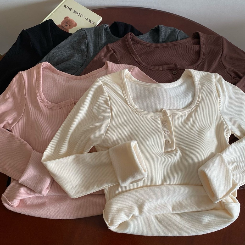 เสื้อยืดแขนยาวกํามะหยี่คอปกสี่เหลี่ยมขายร้อนของผู้หญิง
